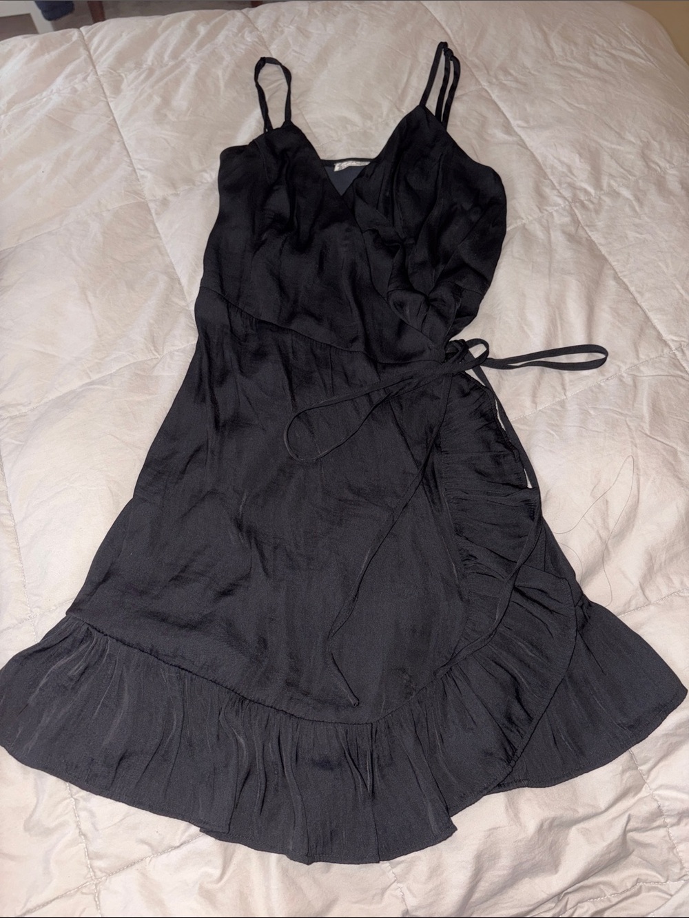 Free People Black Ruffle Wrap Slip Tie Dress